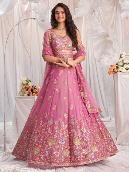 Dark Pink Sequins Embroidery Lehenga Choli In Organza