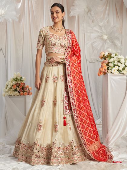 Ivory White Lehenga Choli In Organza With Printed Dupatta