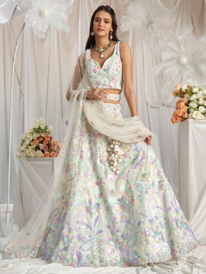 White Sequins Embroidered Lehenga Choli In Net