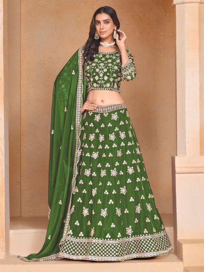 Green Festive Wear Lehenga Choli In Organza