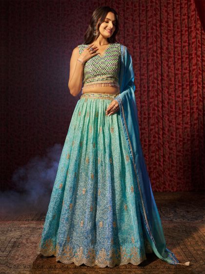 Blue Omber Shaded Lehenga Choli In Bandhani Print