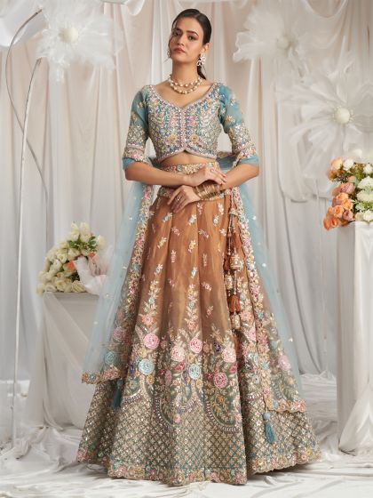 Brown And Blue Lehenga Set In Floral Embroidery