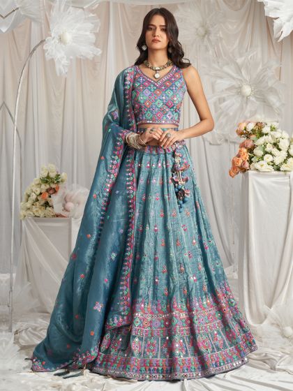 Blue Organza Lehenga Choli In Sequins Work