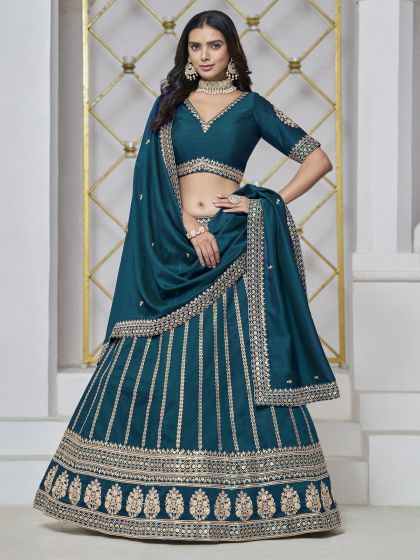 Teal Blue Sequins Work Party Lehenga Set