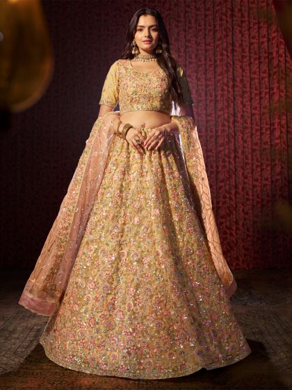 Golden Sequins Embroidered Wedding Net Lehenga Set