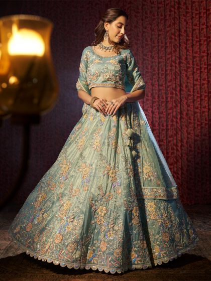 Blue Floral Thread Work Lehenga Choli In Organza