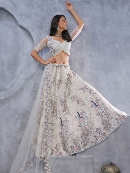 Light Grey Sequins Embroidered Net Lehenga Set