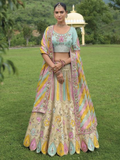 Multicolor Silk Lehenga Set In Floral Embellishment