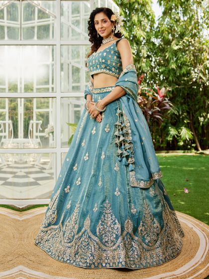 Peacock Blue Zari Embroidered Lehenga Choli Set