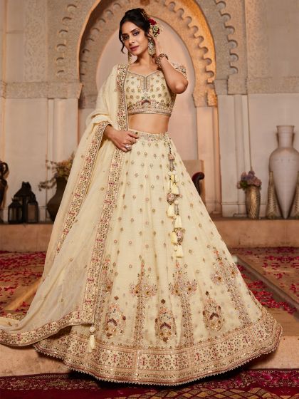 Ivory Cream Mirror Work Lehenga Set In Tissue Silk