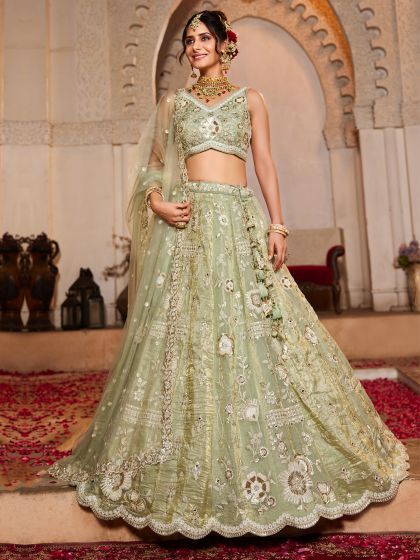 Sage Green Embroidered Lehenga Set With Net Dupatta