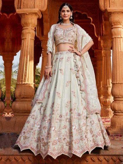 Green Silk Lehenga Choli In Floral Embellishment