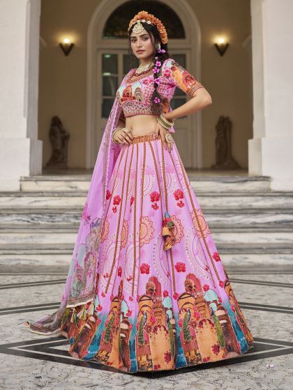 Pink Traditional Printed Lehenga Choli In Art Silk