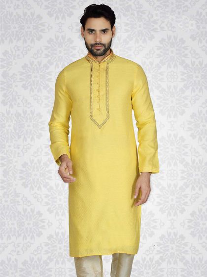 Yellow Colour Jacquard Fabric Men's Kurta Pajama.