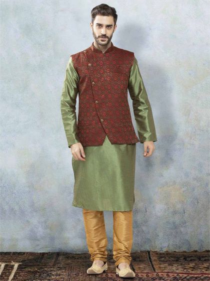 Green Colour Poly Silk Kurta Pajama Jacket.