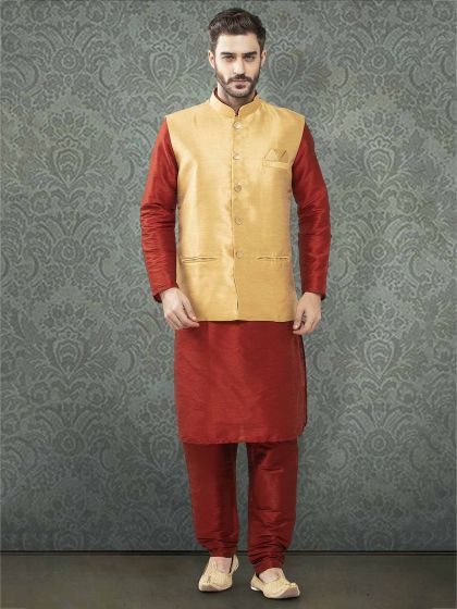 Maroon Colour Silk Designer Kurta Pajama Jacket.