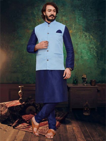 Blue Colour Art Silk Fabric Kurta Pajama Jacket.