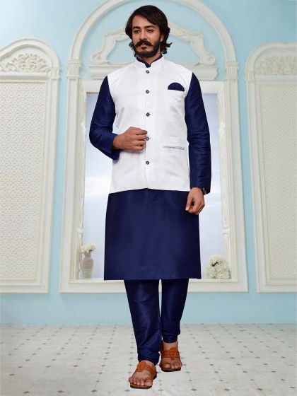 Art Silk,Jute Fabric Kurta Pajama Jacket White,Blue Colour.