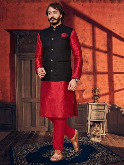 Red,Black Colour Art Silk Kurta Pajama Jacket.