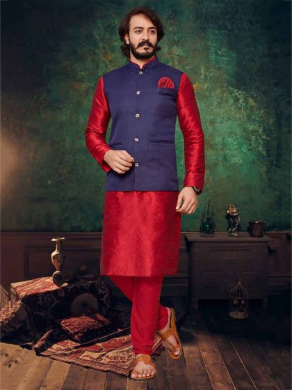 Art Silk,Jute Fabric Men's Kurta Pajama Jacket Red,Blue Colour.