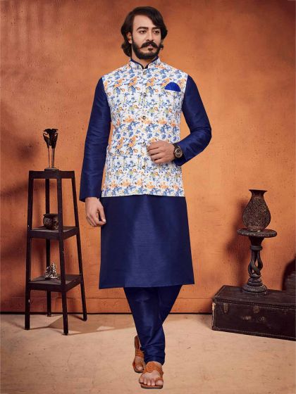 Blue,White Colour Art Silk Fabric Kurta Pajama Jacket.