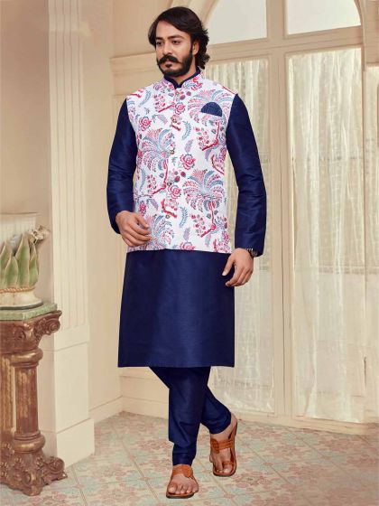 Digital Print Kurta Pajama Jacket Blue,White Colour.