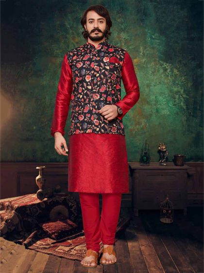 Red,Black Colour Art Silk Fabric Men's Kurta Pajama Jacket.