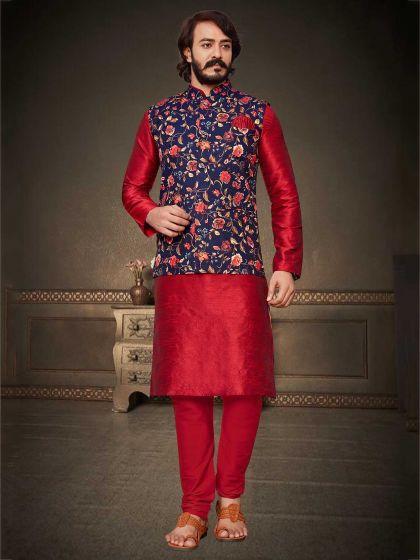 Red,Blue Colour Art Silk Fabric Men's Designer Kurta Pajama Jacket.