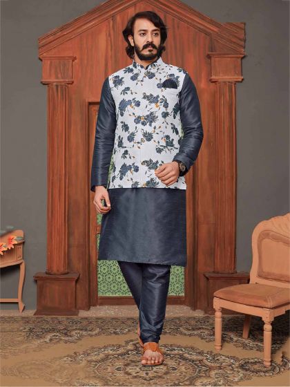 Grey,White Colour Art Silk Kurta Pajama Jacket.