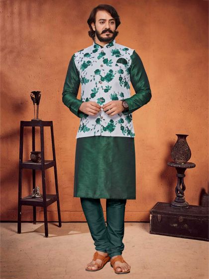 Green,White Colour Art Silk Kurta Pajama Jacket.