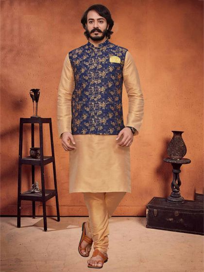 Art Silk Kurta Pajama Jacket Beige,Blue Colour.