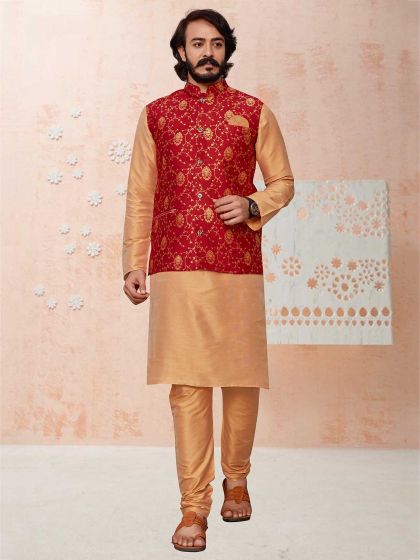 Beige,Red Colour Art Silk Fabric Kurta Pajama Jacket.