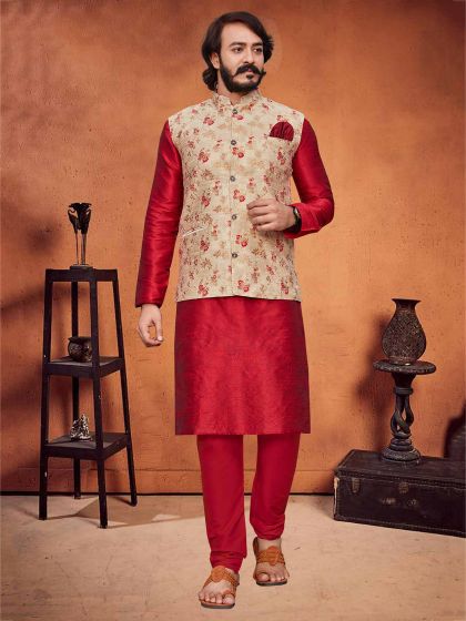 Red,Cream Colour Art Silk,Jacquard Fabric Kurta Pajama Jacket.