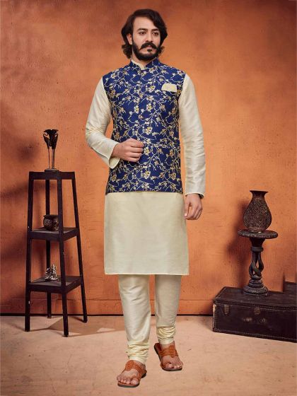 Cream,Blue Colour Art Silk,Jacquard Fabric Kurta Pajama Jacket.