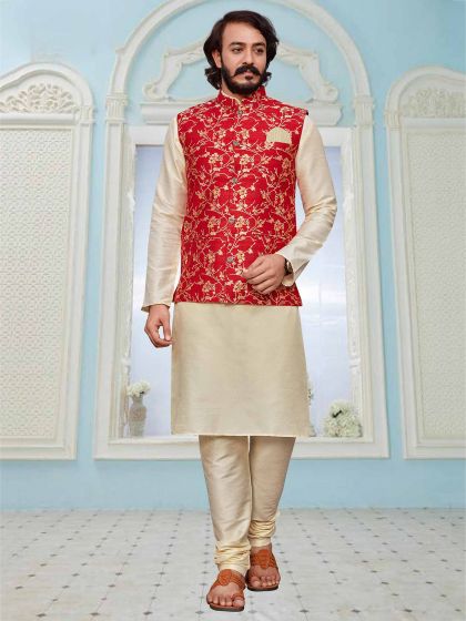 Cream,Red Colour Art Silk,Jacquard Fabric Kurta Pajama Jacket.