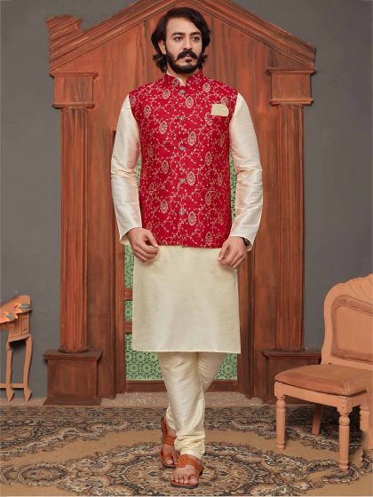 Art Silk Readymade Kurta Pajama Jacket Red,Cream Colour.