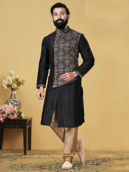 Dupion Silk Party Wear Kurta Pajama Black Colour.