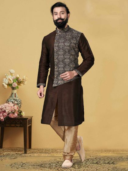 Brown Colour Dupion Silk Fabric Readymade Kurta Pajama.