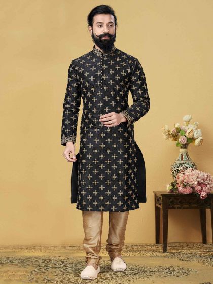 Black Colour Dupion Silk Party Wear Kurta Pajama.