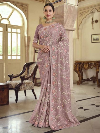 Pink Colour Satin,Georgette Fabric Designer Saree.