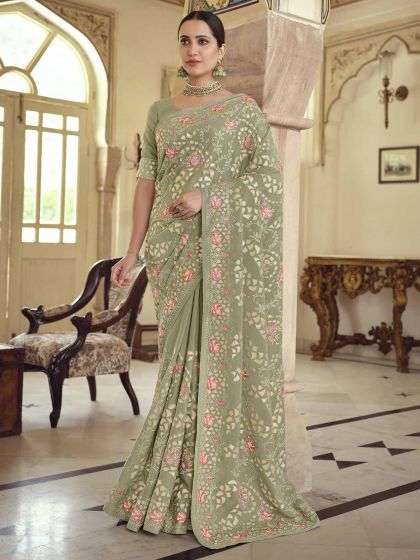 Green Colour Satin,Georgette Fabric Party Wear Saree.