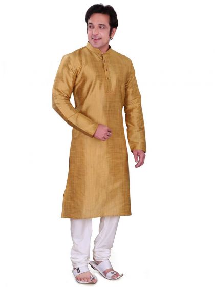 Rust Colour Plain Kurta Pajama in Dupion,Jute Fabric.