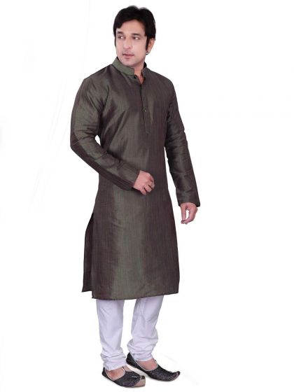 Golden Colour Mens Kurta Pajama in Dupion,Jute Fabric.