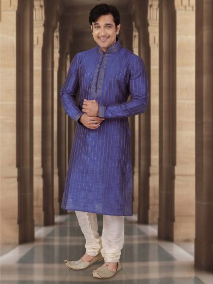 Navy Blue Colour Dupion Kurta Pajama.