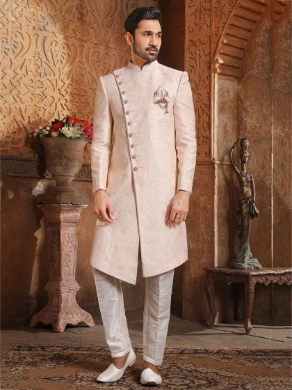 Light Pink Colour Brocade,Jacquard Fabric Mens Indowestern.