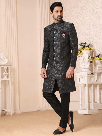 Black Colour Brocade,Jacquard Fabric Mens Indowestern.