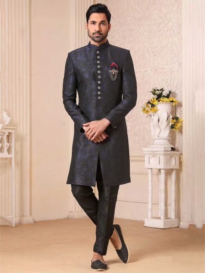 Black Colour Brocade Fabric Mens Indowestern.