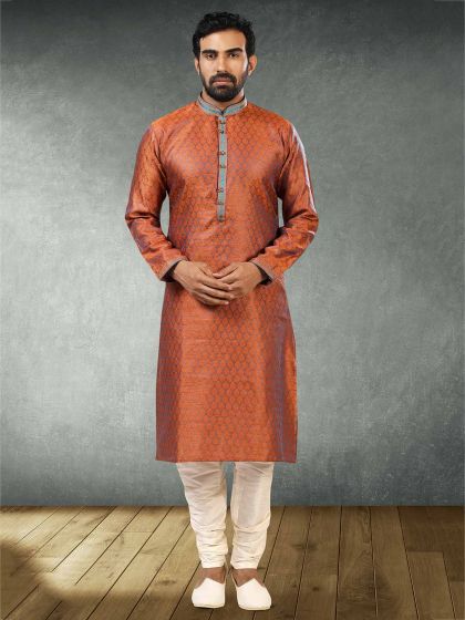 Brown Colour Mens Kurta Pajama in Jacquard,Brocade Silk Fabric.