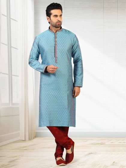 Blue Colour Readymade Kurta Pajama in Jacquard,Brocade Silk Fabric.