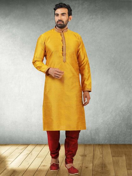 Designer Kurta Pajama Mustard Yellow Colour in Jacquard,Brocade Silk Fabric.